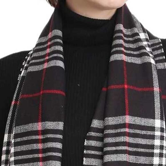 Janice Apparel Women's Faux Cashmere Scarf Black Plaid & Fringe Italian Design - Picture 3 of 9